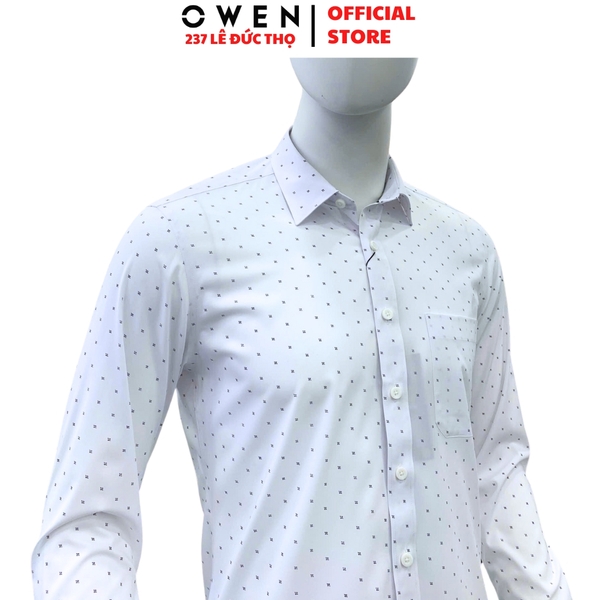 Áo Sơ Mi Nam Tay Dài Owen AR250027DT màu trắng chấm bi dáng suông regular fit tà lượng có túi Chất liệu Bambo poly