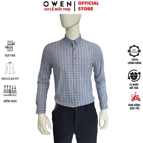 Áo Sơ mi nam tay dài Owen AR250048DT màu xanh cổ vịt kẻ caro dáng suông regular fit tà lượn có túi chất liệu knit