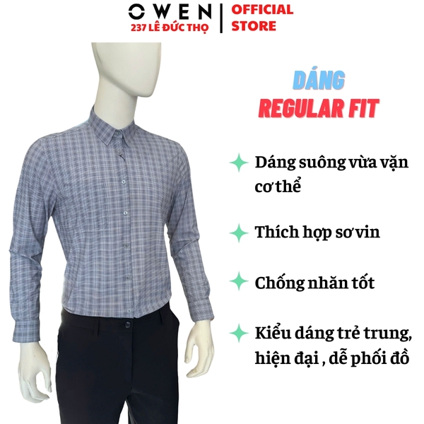 Áo Sơ mi nam tay dài Owen AR250048DT màu xanh cổ vịt kẻ caro dáng suông regular fit tà lượn có túi chất liệu knit