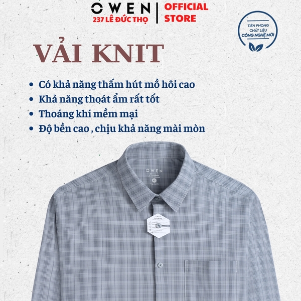 Áo Sơ mi nam tay dài Owen AR250048DT màu xanh cổ vịt kẻ caro dáng suông regular fit tà lượn có túi chất liệu knit