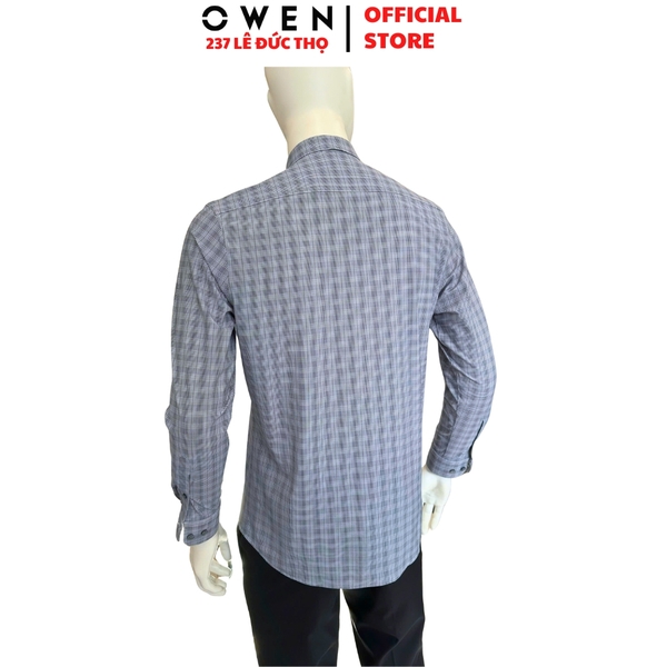Áo Sơ mi nam tay dài Owen AR250048DT màu xanh cổ vịt kẻ caro dáng suông regular fit tà lượn có túi chất liệu knit