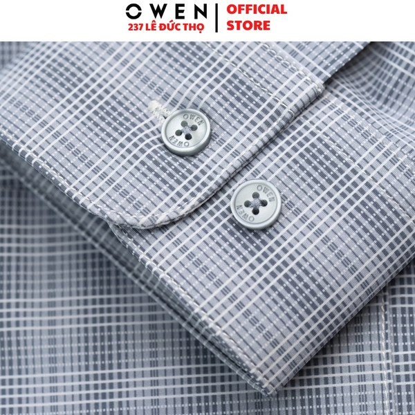 Áo Sơ mi nam tay dài Owen AR250048DT màu xanh cổ vịt kẻ caro dáng suông regular fit tà lượn có túi chất liệu knit
