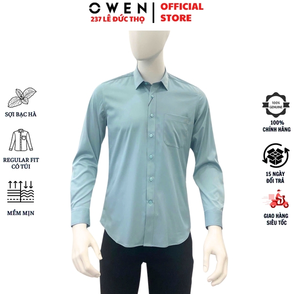 Áo Sơ Mi Trắng Nam Tay Dài Owen AR250085DT màu xanh mint dáng suông regular fit tà lượn có túi chất liệu Modal Poly