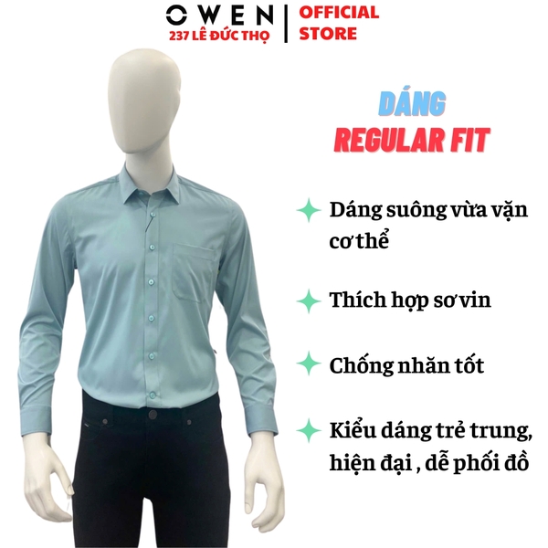 Áo Sơ Mi Trắng Nam Tay Dài Owen AR250085DT màu xanh mint dáng suông regular fit tà lượn có túi chất liệu Modal Poly