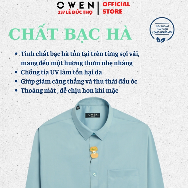 Áo Sơ Mi Trắng Nam Tay Dài Owen AR250085DT màu xanh mint dáng suông regular fit tà lượn có túi chất liệu Modal Poly