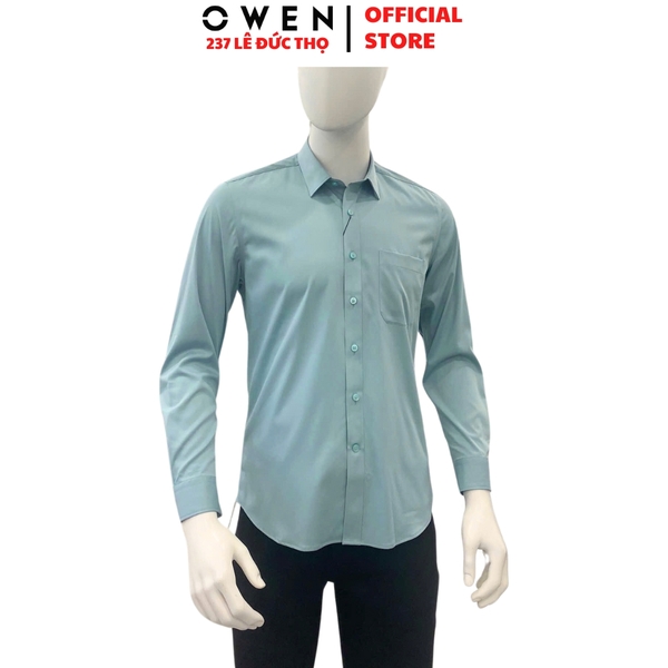 Áo Sơ Mi Trắng Nam Tay Dài Owen AR250085DT màu xanh mint dáng suông regular fit tà lượn có túi chất liệu Modal Poly