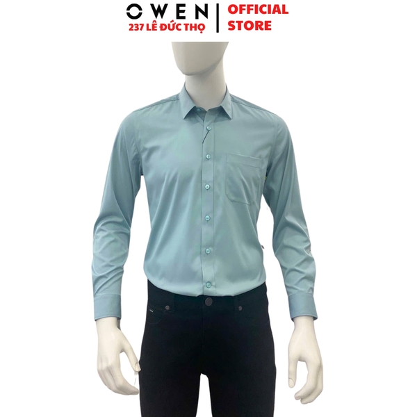 Áo Sơ Mi Trắng Nam Tay Dài Owen AR250085DT màu xanh mint dáng suông regular fit tà lượn có túi chất liệu Modal Poly