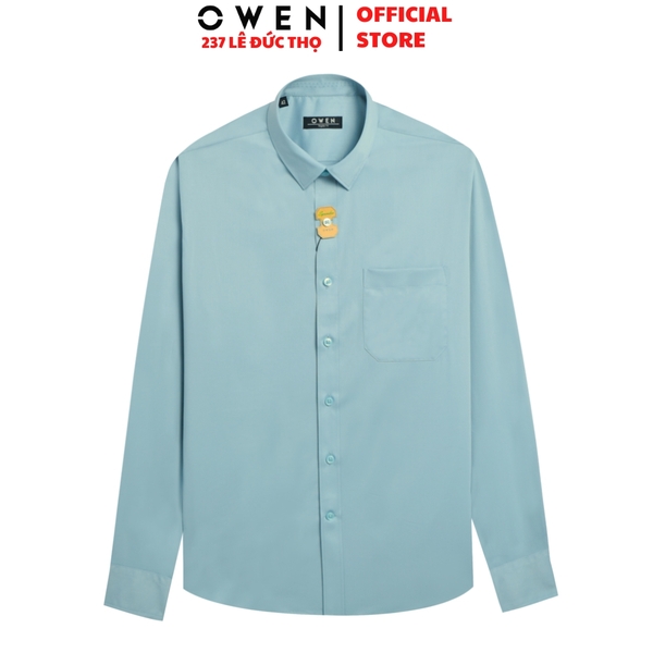 Áo Sơ Mi Trắng Nam Tay Dài Owen AR250085DT màu xanh mint dáng suông regular fit tà lượn có túi chất liệu Modal Poly