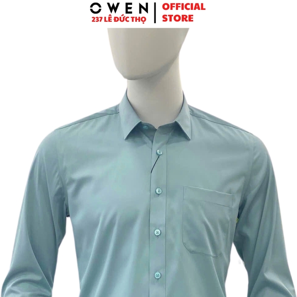 Áo Sơ Mi Trắng Nam Tay Dài Owen AR250085DT màu xanh mint dáng suông regular fit tà lượn có túi chất liệu Modal Poly