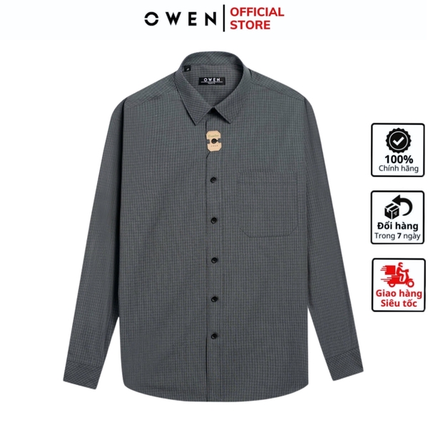 Áo Sơ Mi Nam Tay Dài Owen AR250103DT màu xám đậm kẻ caro dáng suông regular fit tà lượn có túi chất liệu bamboo poly