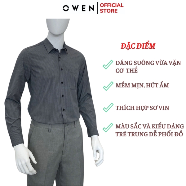 Áo Sơ Mi Nam Tay Dài Owen AR250103DT màu xám đậm kẻ caro dáng suông regular fit tà lượn có túi chất liệu bamboo poly