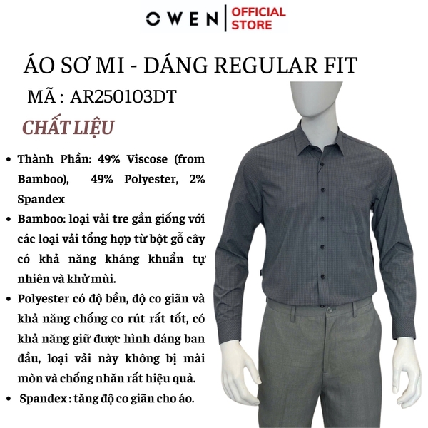 Áo Sơ Mi Nam Tay Dài Owen AR250103DT màu xám đậm kẻ caro dáng suông regular fit tà lượn có túi chất liệu bamboo poly