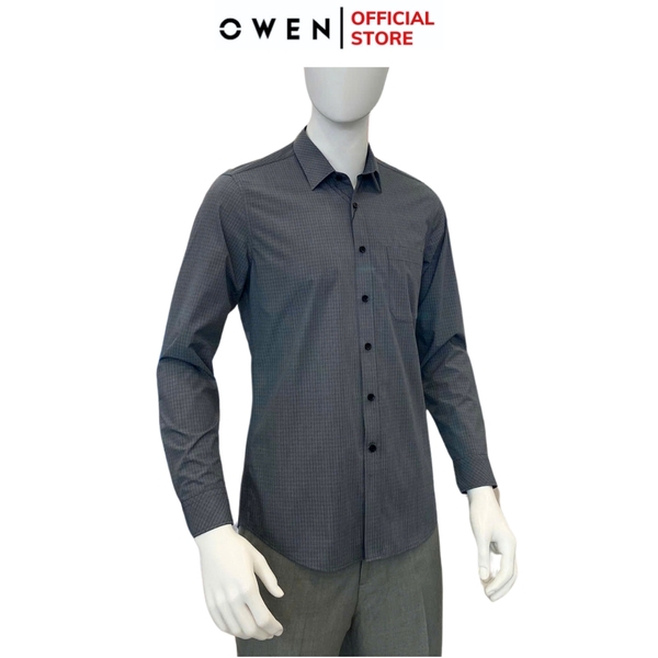 Áo Sơ Mi Nam Tay Dài Owen AR250103DT màu xám đậm kẻ caro dáng suông regular fit tà lượn có túi chất liệu bamboo poly