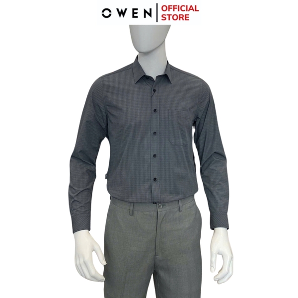 Áo Sơ Mi Nam Tay Dài Owen AR250103DT màu xám đậm kẻ caro dáng suông regular fit tà lượn có túi chất liệu bamboo poly