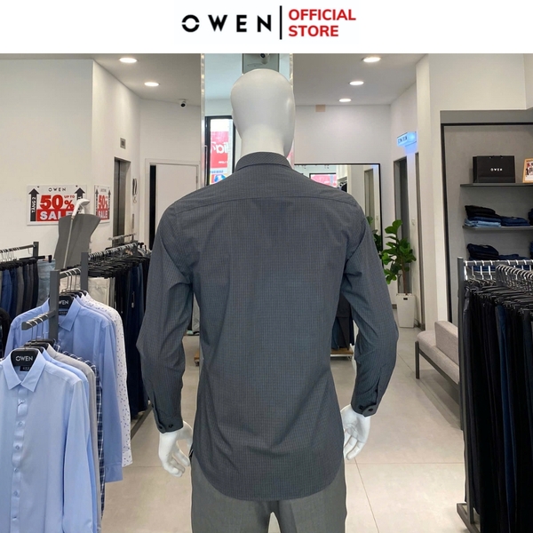 Áo Sơ Mi Nam Tay Dài Owen AR250103DT màu xám đậm kẻ caro dáng suông regular fit tà lượn có túi chất liệu bamboo poly
