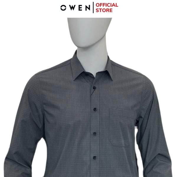 Áo Sơ Mi Nam Tay Dài Owen AR250103DT màu xám đậm kẻ caro dáng suông regular fit tà lượn có túi chất liệu bamboo poly