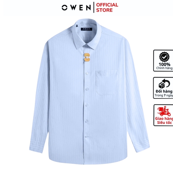 Áo sơ mi nam tay dài Owen AR250354DT màu xanh nhạt kẻ sọc dáng suông regular fit tà lượn có túi chất liệu bamboo poly