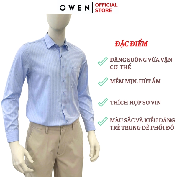 Áo sơ mi nam tay dài Owen AR250354DT màu xanh nhạt kẻ sọc dáng suông regular fit tà lượn có túi chất liệu bamboo poly