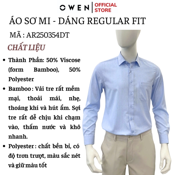 Áo sơ mi nam tay dài Owen AR250361DT màu xanh kẻ sọc dáng suông regular fit tà lượn có túi chất liệu bamboo poly