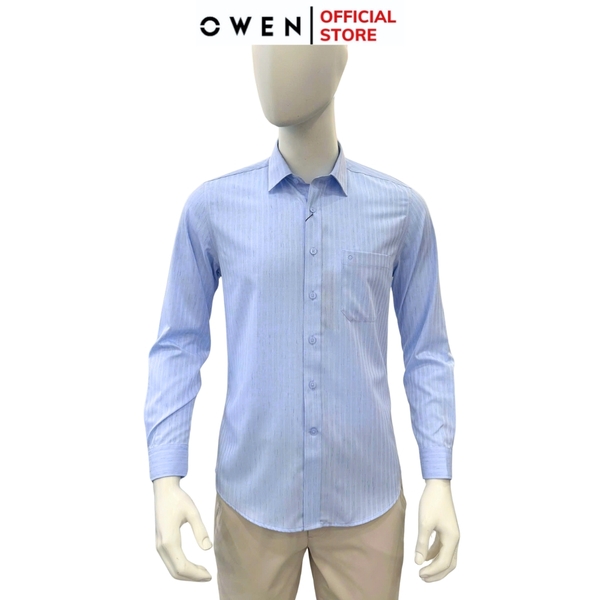 Áo sơ mi nam tay dài Owen AR250354DT màu xanh nhạt kẻ sọc dáng suông regular fit tà lượn có túi chất liệu bamboo poly