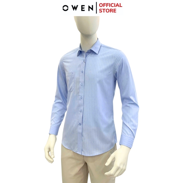 Áo sơ mi nam tay dài Owen AR250361DT màu xanh kẻ sọc dáng suông regular fit tà lượn có túi chất liệu bamboo poly