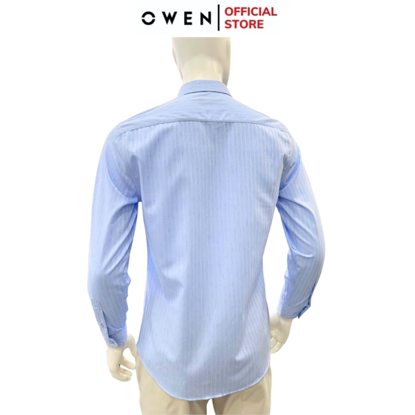 Áo sơ mi nam tay dài Owen AR250354DT màu xanh nhạt kẻ sọc dáng suông regular fit tà lượn có túi chất liệu bamboo poly