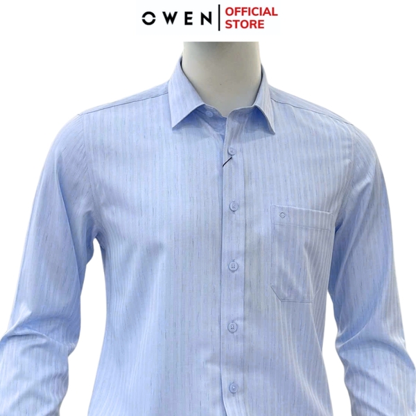 Áo sơ mi nam tay dài Owen AR250361DT màu xanh kẻ sọc dáng suông regular fit tà lượn có túi chất liệu bamboo poly