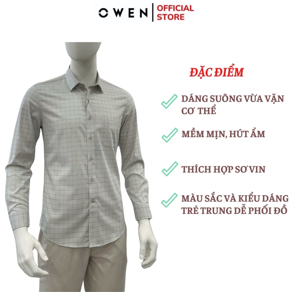 Áo sơ mi nam tay dài Owen AR250363DT màu xám nhạt kẻ caro dáng suông regular fit tà lượn có túi chất liệu bamboo spandex