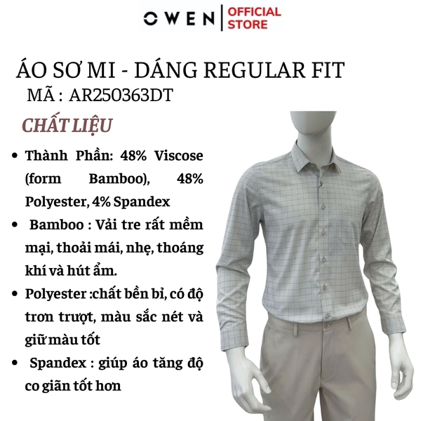 Áo sơ mi nam tay dài Owen AR250363DT màu xám nhạt kẻ caro dáng suông regular fit tà lượn có túi chất liệu bamboo spandex