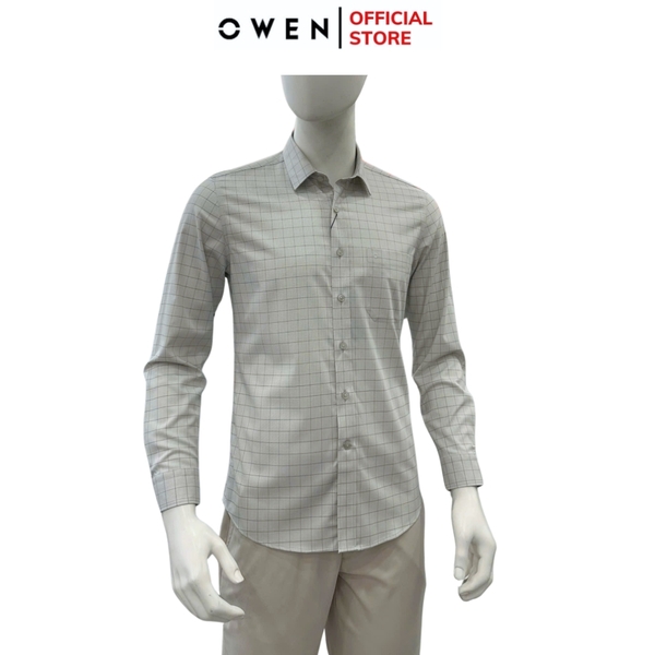 Áo sơ mi nam tay dài Owen AR250363DT màu xám nhạt kẻ caro dáng suông regular fit tà lượn có túi chất liệu bamboo spandex