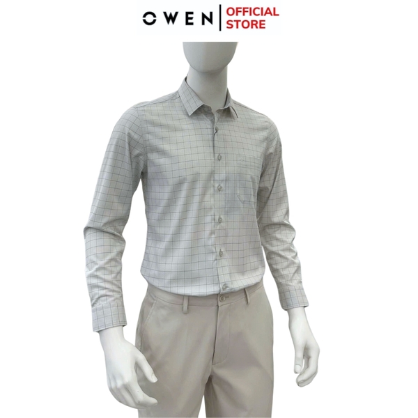 Áo sơ mi nam tay dài Owen AR250363DT màu xám nhạt kẻ caro dáng suông regular fit tà lượn có túi chất liệu bamboo spandex