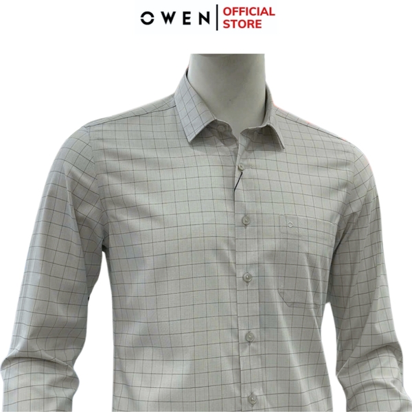 Áo sơ mi nam tay dài Owen AR250363DT màu xám nhạt kẻ caro dáng suông regular fit tà lượn có túi chất liệu bamboo spandex