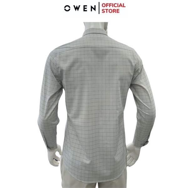 Áo sơ mi nam tay dài Owen AR250363DT màu xám nhạt kẻ caro dáng suông regular fit tà lượn có túi chất liệu bamboo spandex