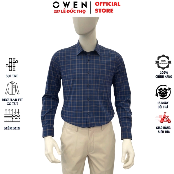Áo sơ mi nam tay dài Owen AR250364DT màu xanh tím than kẻ caro dáng suông regular fit tà lượn có túi chất liệu polyester