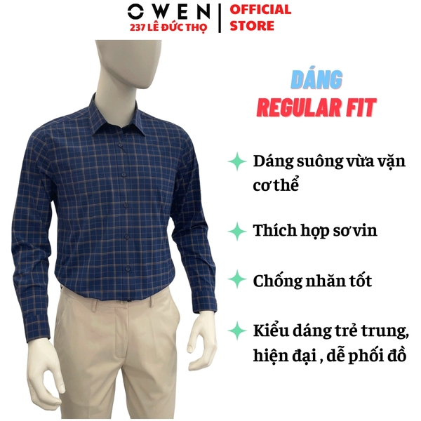 Áo sơ mi nam tay dài Owen AR250364DT màu xanh tím than kẻ caro dáng suông regular fit tà lượn có túi chất liệu polyester