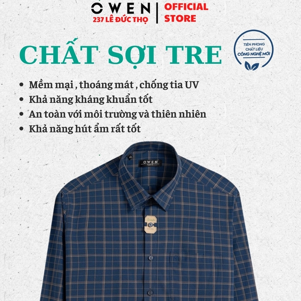 Áo sơ mi nam tay dài Owen AR250364DT màu xanh tím than kẻ caro dáng suông regular fit tà lượn có túi chất liệu polyester