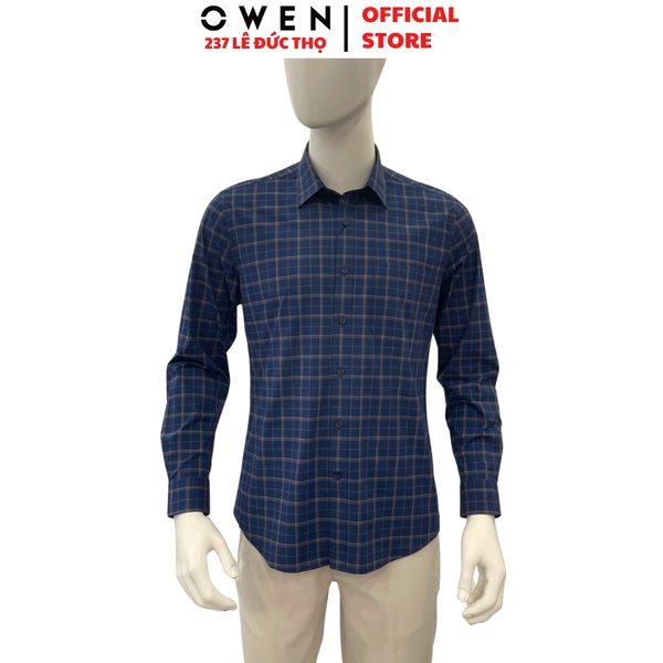 Áo sơ mi nam tay dài Owen AR250364DT màu xanh tím than kẻ caro dáng suông regular fit tà lượn có túi chất liệu polyester