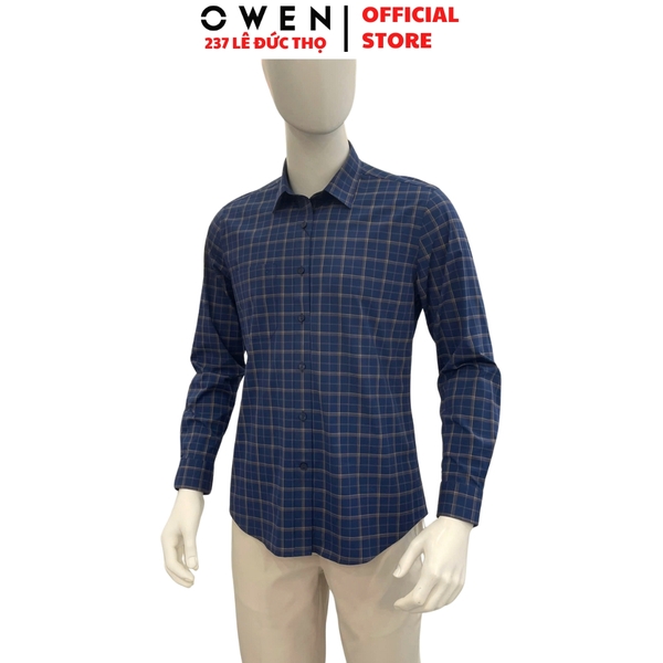 Áo sơ mi nam tay dài Owen AR250364DT màu xanh tím than kẻ caro dáng suông regular fit tà lượn có túi chất liệu polyester