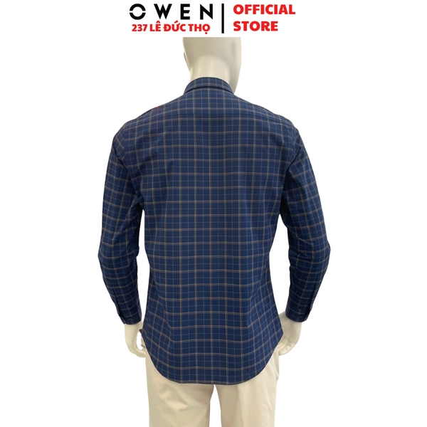 Áo sơ mi nam tay dài Owen AR250364DT màu xanh tím than kẻ caro dáng suông regular fit tà lượn có túi chất liệu polyester
