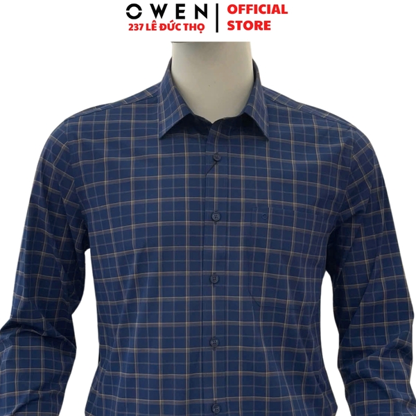 Áo sơ mi nam tay dài Owen AR250364DT màu xanh tím than kẻ caro dáng suông regular fit tà lượn có túi chất liệu polyester