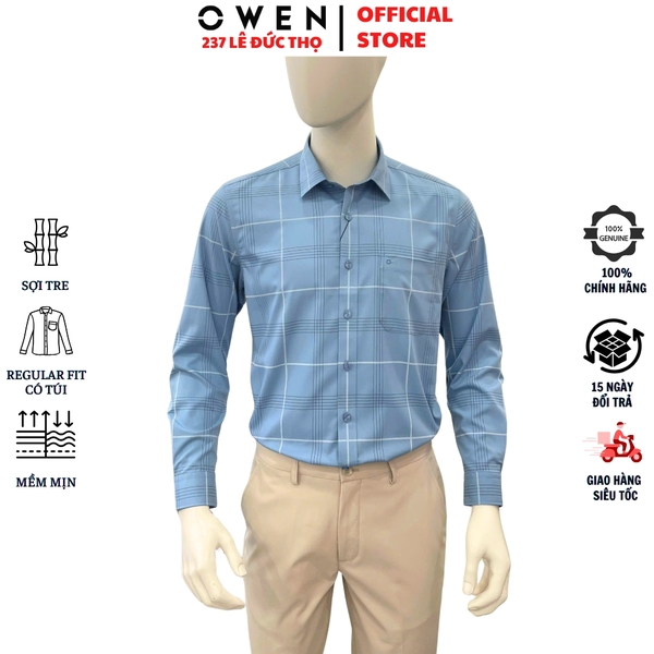 Áo sơ mi nam tay dài Owen AR250368DT màu xanh caro lớn dáng suông regular fit tà lượn có túi chất liệu bamboo spandex