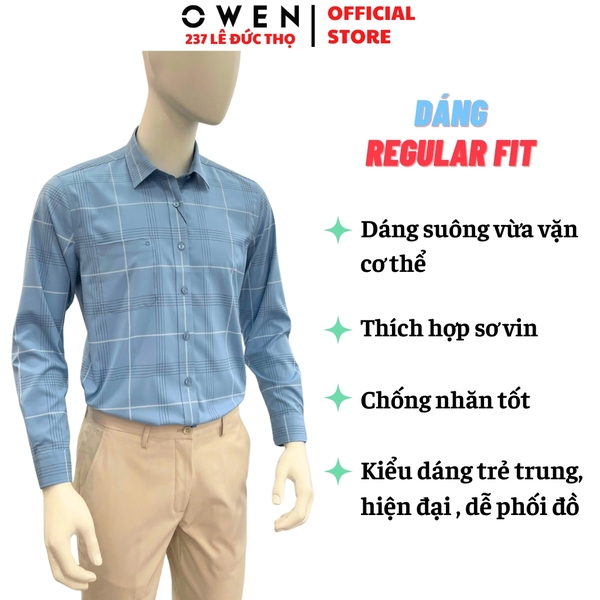 Áo sơ mi nam tay dài Owen AR250368DT màu xanh caro lớn dáng suông regular fit tà lượn có túi chất liệu bamboo spandex
