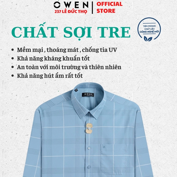 Áo sơ mi nam tay dài Owen AR250368DT màu xanh caro lớn dáng suông regular fit tà lượn có túi chất liệu bamboo spandex