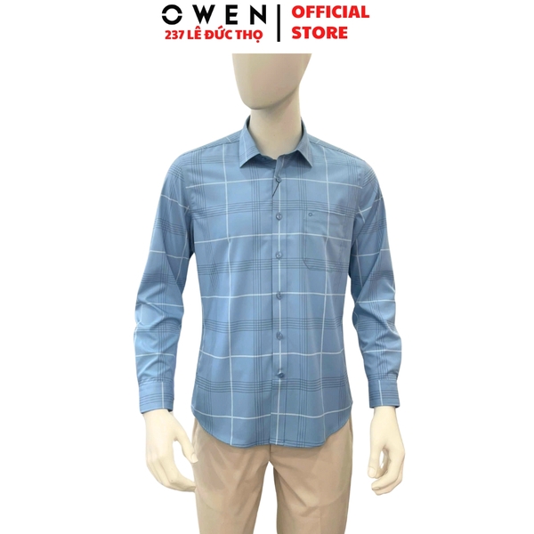 Áo sơ mi nam tay dài Owen AR250368DT màu xanh caro lớn dáng suông regular fit tà lượn có túi chất liệu bamboo spandex