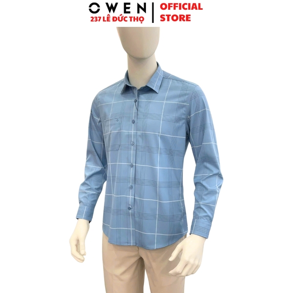 Áo sơ mi nam tay dài Owen AR250368DT màu xanh caro lớn dáng suông regular fit tà lượn có túi chất liệu bamboo spandex
