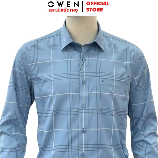 Áo sơ mi nam tay dài Owen AR250368DT màu xanh caro lớn dáng suông regular fit tà lượn có túi chất liệu bamboo spandex