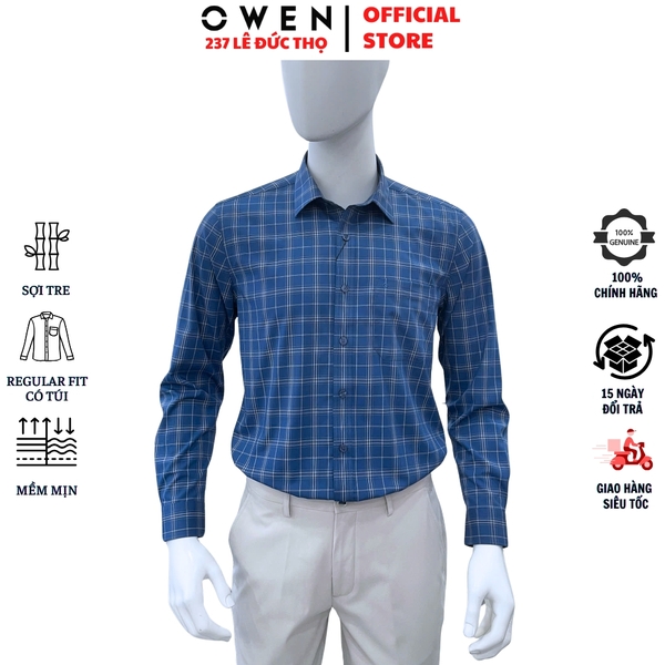 Áo sơ mi nam tay dài Owen AR250369DT màu xanh đậm caro vừa dáng suông regular fit tà lượn có túi chất liệu bamboo spandex