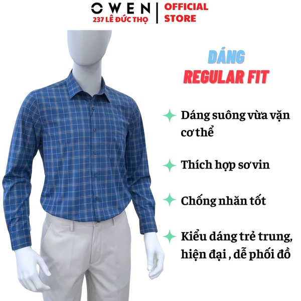Áo sơ mi nam tay dài Owen AR250369DT màu xanh đậm caro vừa dáng suông regular fit tà lượn có túi chất liệu bamboo spandex