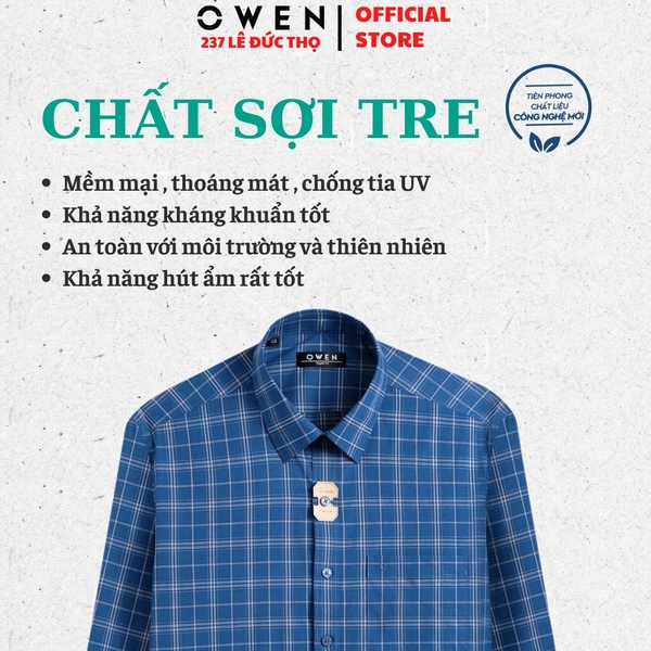 Áo sơ mi nam tay dài Owen AR250369DT màu xanh đậm caro vừa dáng suông regular fit tà lượn có túi chất liệu bamboo spandex