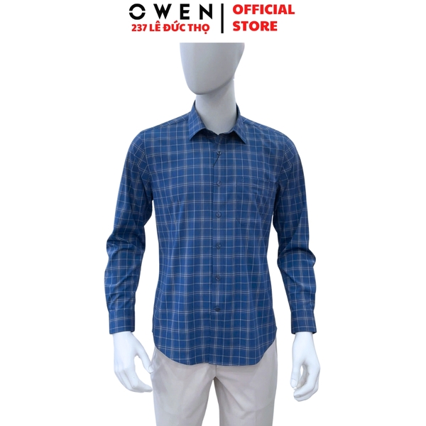 Áo sơ mi nam tay dài Owen AR250369DT màu xanh đậm caro vừa dáng suông regular fit tà lượn có túi chất liệu bamboo spandex